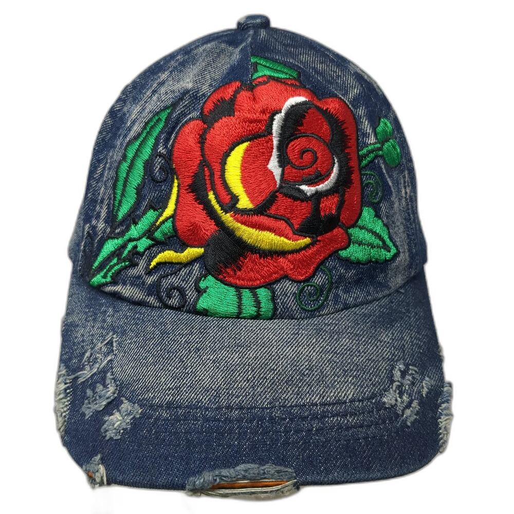 Hattitude 5 Panel Blue One Size Hat Embroidered Rose Distressed Denim Slideback